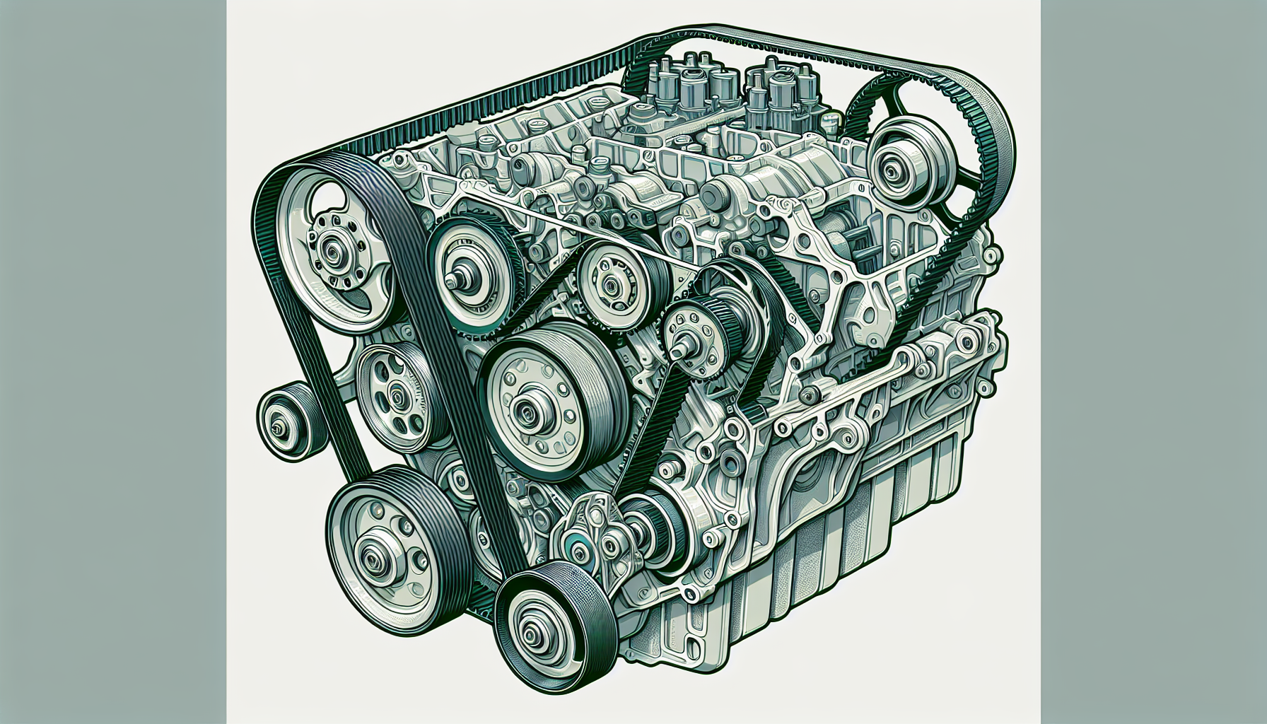 Cross-section diagram of a four-cylinder car engine timing belt assembly with camshaft pulleys, crankshaft pulley, and tensioner pulley visible.
